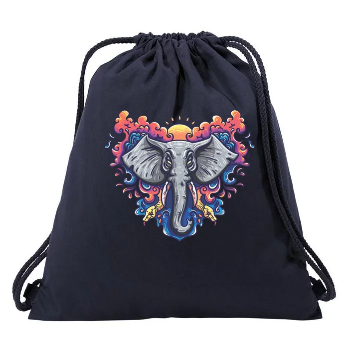 Illustration Of An Elephant Sunrise Drawstring Bag