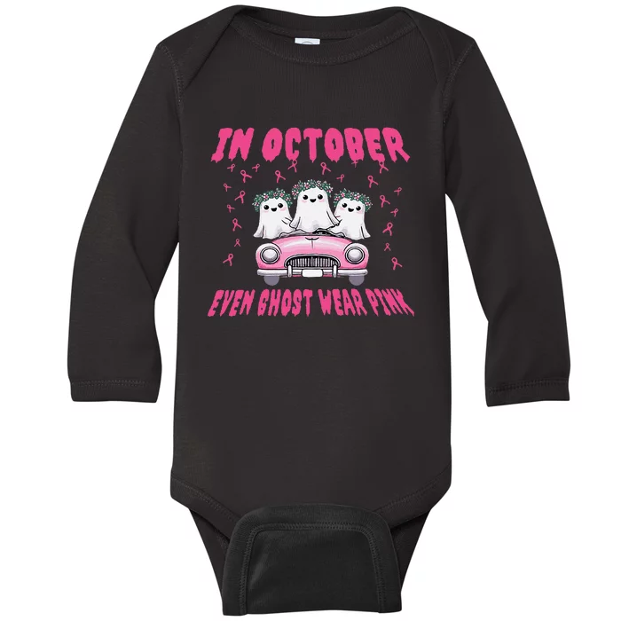 In October Even Ghost Wear Pin.K Halloween Breast Cancer Baby Long Sleeve Bodysuit