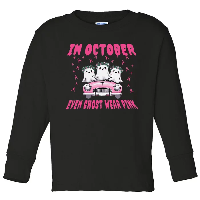 In October Even Ghost Wear Pin.K Halloween Breast Cancer Toddler Long Sleeve Shirt