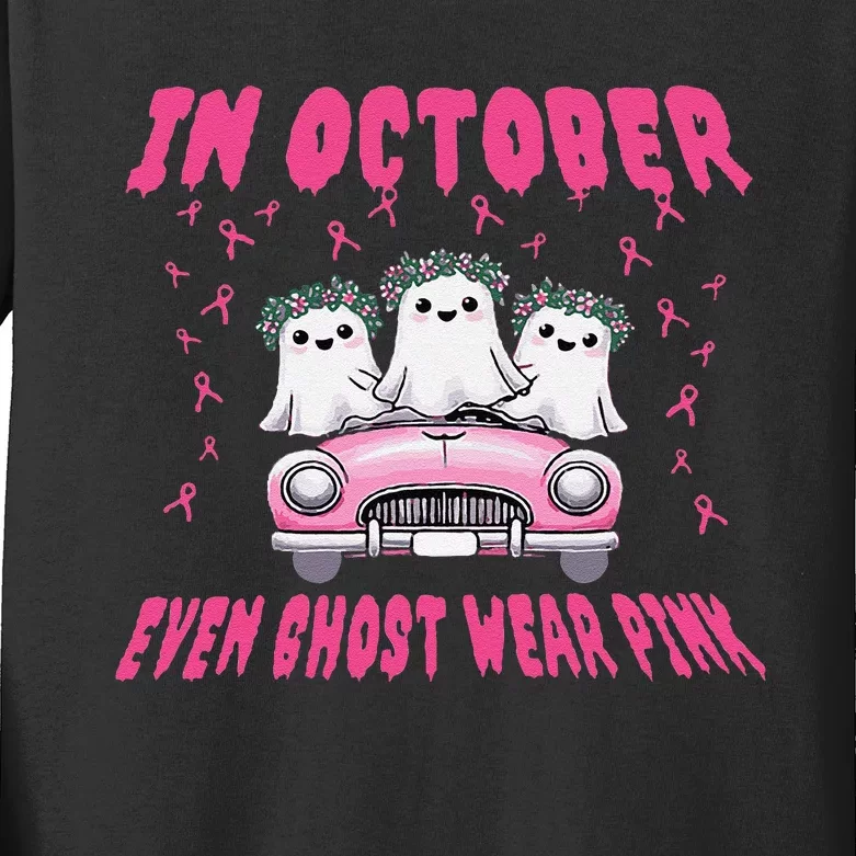 In October Even Ghost Wear Pin.K Halloween Breast Cancer Kids Long Sleeve Shirt