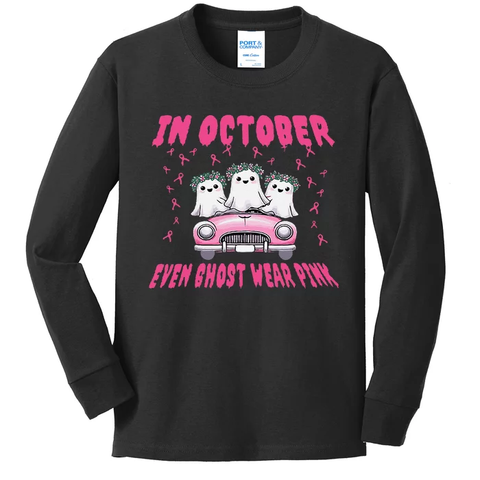 In October Even Ghost Wear Pin.K Halloween Breast Cancer Kids Long Sleeve Shirt