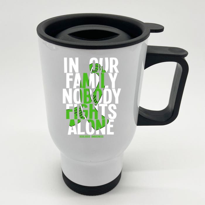 In Our Family Nobody Fights Alone Scoliosis Awareness Cool Gift Front & Back Stainless Steel Travel Mug