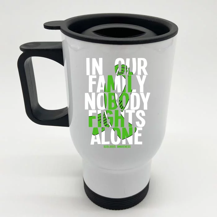 In Our Family Nobody Fights Alone Scoliosis Awareness Cool Gift Front & Back Stainless Steel Travel Mug