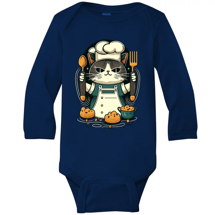 Illustration Of Funny Chef Cat Ready To Cook Baby Long Sleeve Bodysuit