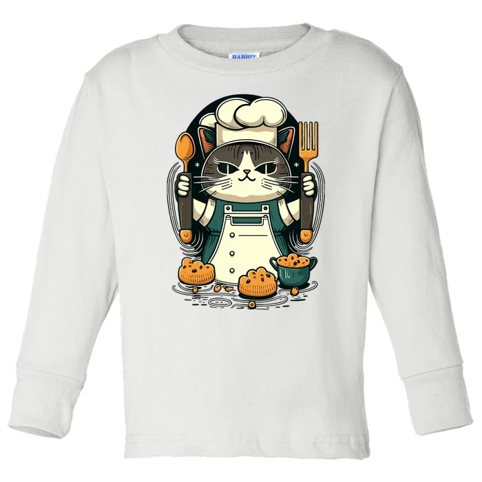 Illustration Of Funny Chef Cat Ready To Cook Toddler Long Sleeve Shirt