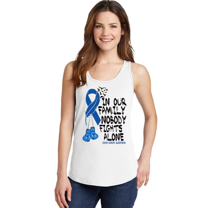 In Our Family Nobody Fights Alone Colon Cancer Awareness Ladies Essential Tank