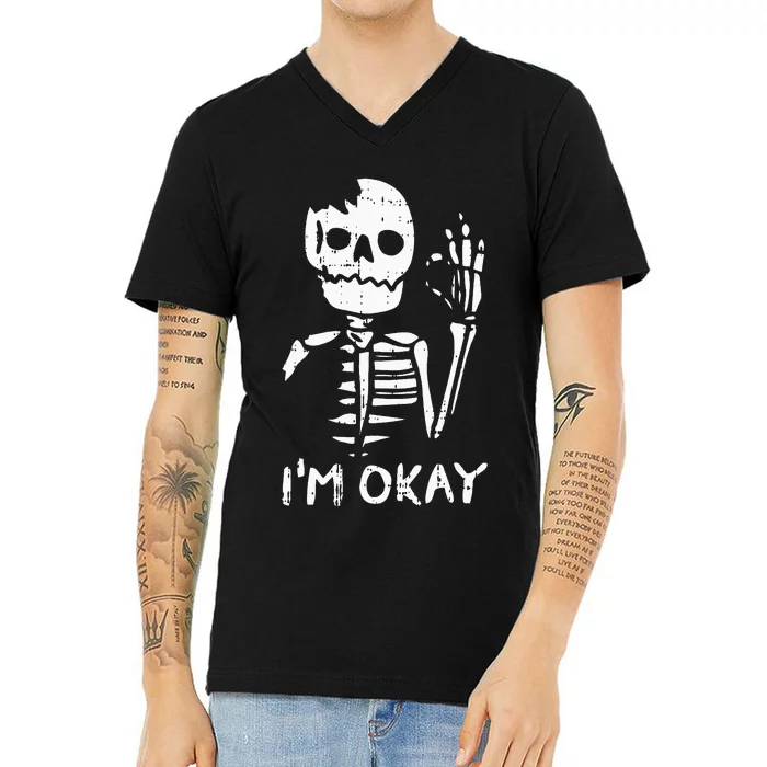 Im Okay Funny Halloween Costume Broken Skeleton Skull V-Neck T-Shirt