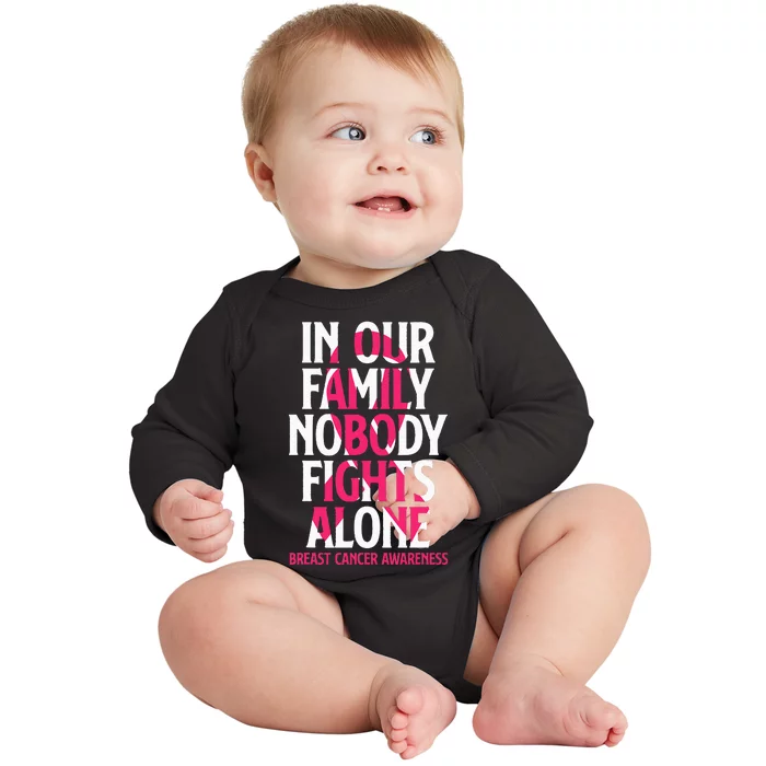 In Our Family Nobody Fights Alone Breast Cancer Awareness Baby Long Sleeve Bodysuit