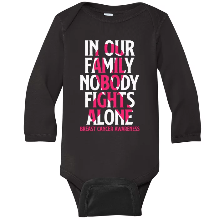 In Our Family Nobody Fights Alone Breast Cancer Awareness Baby Long Sleeve Bodysuit