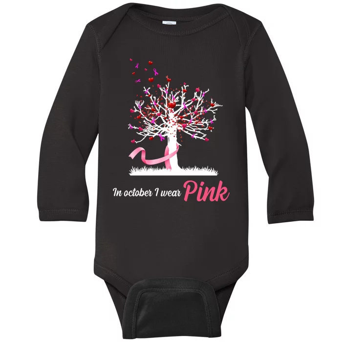 In October I Wear Pink Breast Cancer Tree Of Life Baby Long Sleeve Bodysuit