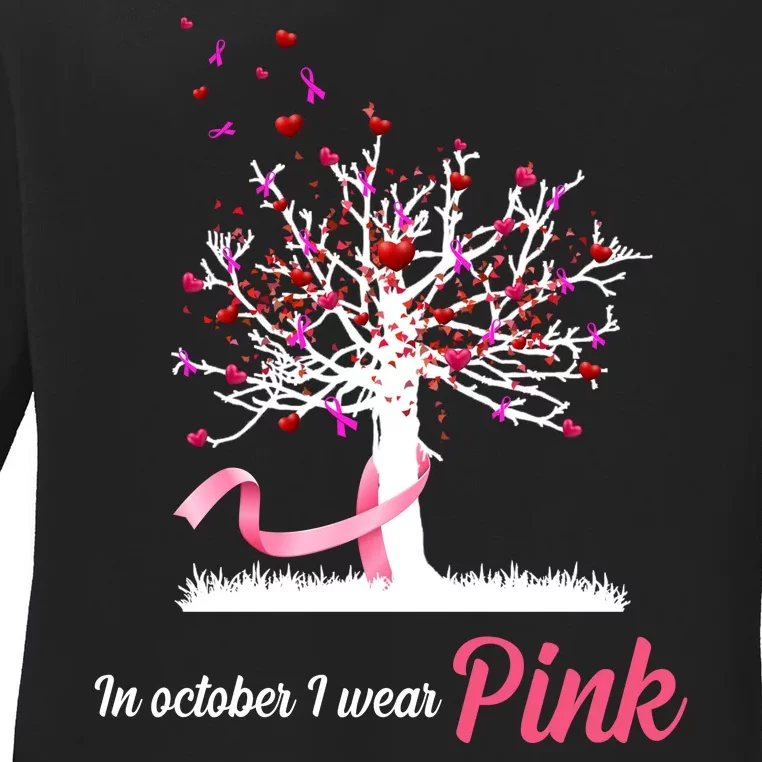 In October I Wear Pink Breast Cancer Tree Of Life Ladies Long Sleeve Shirt