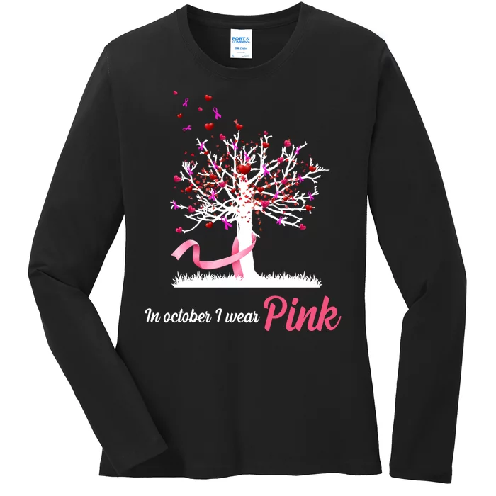 In October I Wear Pink Breast Cancer Tree Of Life Ladies Long Sleeve Shirt