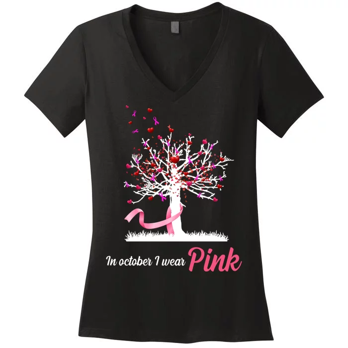 In October I Wear Pink Breast Cancer Tree Of Life Women's V-Neck T-Shirt