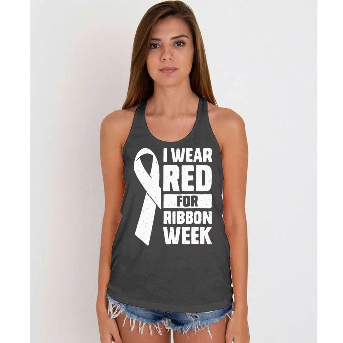 In October I Wear Red Ribbon Week Awareness Women's Knotted Racerback Tank