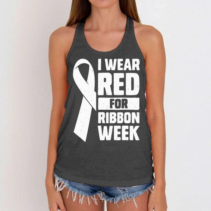 In October I Wear Red Ribbon Week Awareness Women's Knotted Racerback Tank