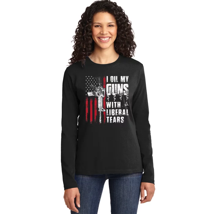 I Oil My Guns With Liberal Tears Gun American Flag Patriots Ladies Long Sleeve Shirt