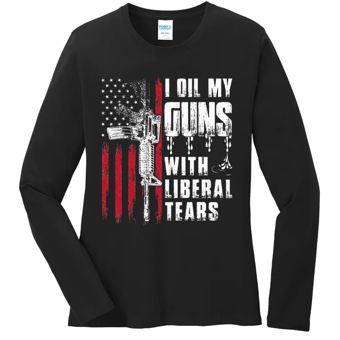 I Oil My Guns With Liberal Tears Gun American Flag Patriots Ladies Long Sleeve Shirt