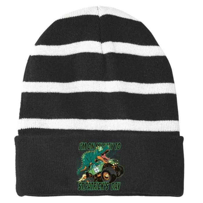 Im On My Way To St Patricks Day Dinosaur Striped Beanie with Solid Band