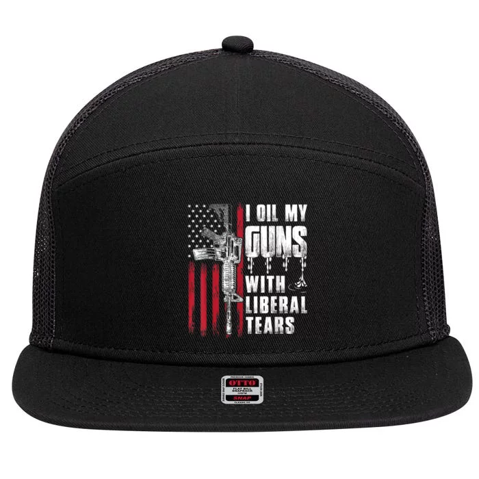 I Oil My Guns With Liberal Tears Gun American Flag Patriots 7 Panel Mesh Trucker Snapback Hat