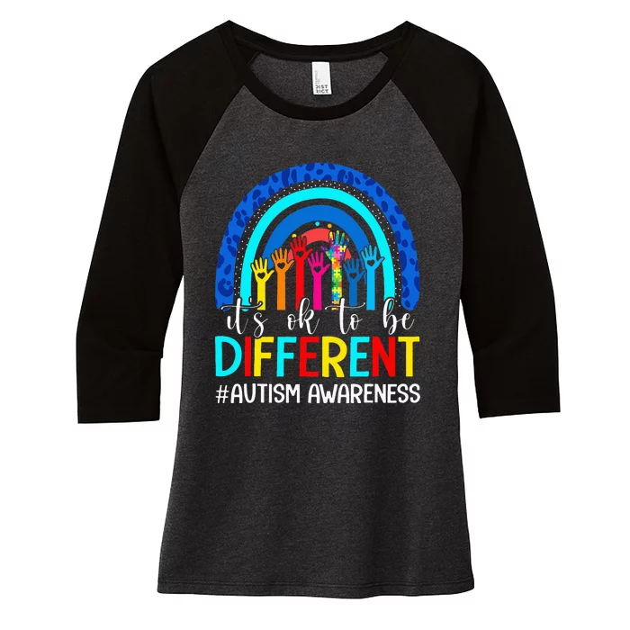 It's Ok To Be Different Autism Awareness Leopard Rainbow Women's Tri-Blend 3/4-Sleeve Raglan Shirt