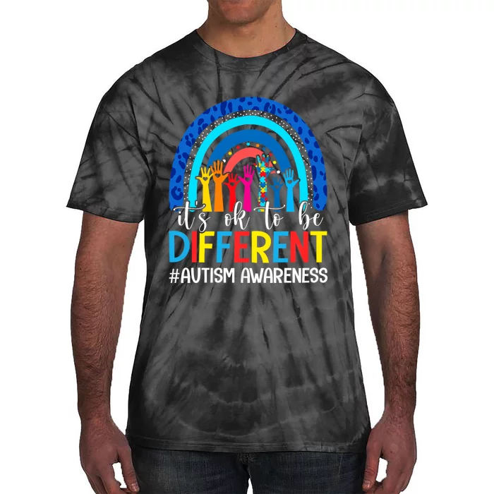 ItS Ok To Be Different Autism Awareness Leopard Rainbow Tie-Dye T-Shirt