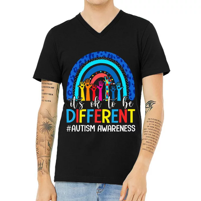 It's Ok To Be Different Autism Awareness Leopard Rainbow V-Neck T-Shirt