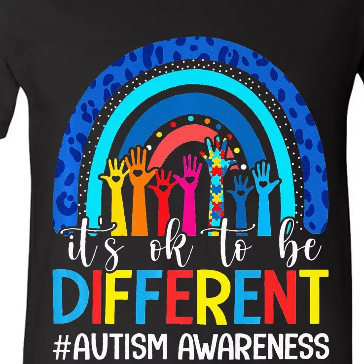 It's Ok To Be Different Autism Awareness Leopard Rainbow V-Neck T-Shirt