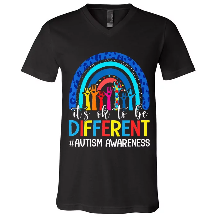 It's Ok To Be Different Autism Awareness Leopard Rainbow V-Neck T-Shirt