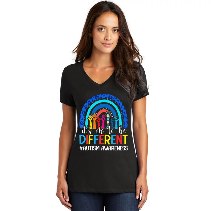 It's Ok To Be Different Autism Awareness Leopard Rainbow Women's V-Neck T-Shirt