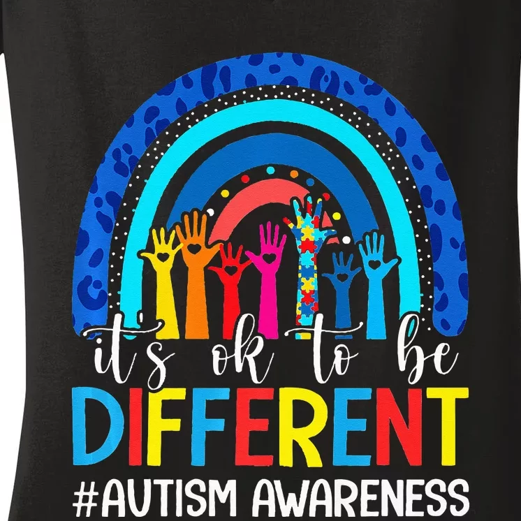 It's Ok To Be Different Autism Awareness Leopard Rainbow Women's V-Neck T-Shirt