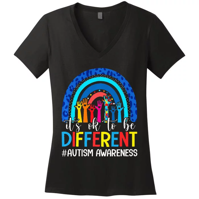 It's Ok To Be Different Autism Awareness Leopard Rainbow Women's V-Neck T-Shirt