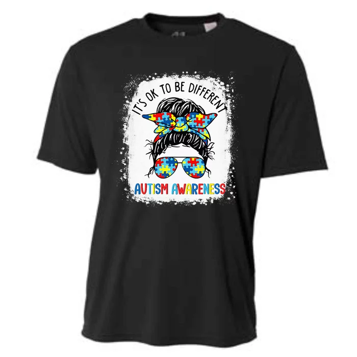 It's Ok To Be Different Autism Awareness Messy Bun Bleached Cooling Performance Crew T-Shirt