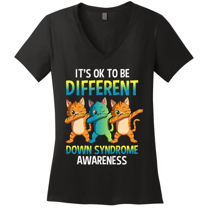 It's Ok To Be Different Dabbing Cat Down Syndrome Awareness Women's V-Neck T-Shirt