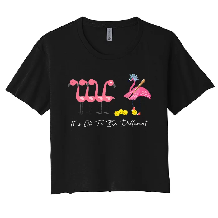 It's Ok To Be Different Funny Flamingo Softball Lover Women's Crop Top Tee