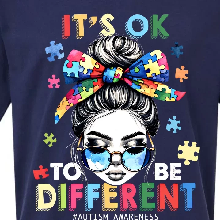 ItS Ok To Be Different Autism Awareness Messy Bun Gift Sueded Cloud Jersey T-Shirt