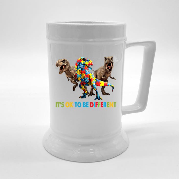 ItS Ok To Be Different Dinosaur Autism Awareness Funny Gift Front & Back Beer Stein