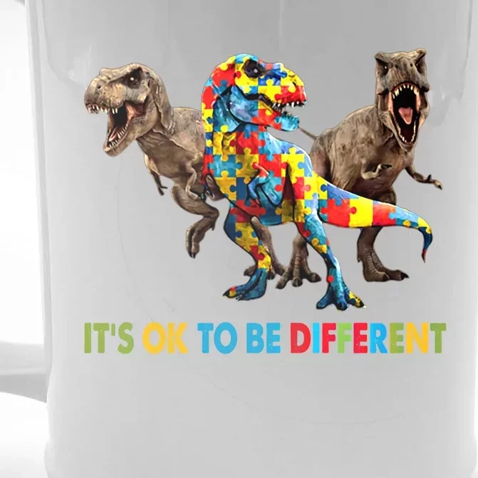 ItS Ok To Be Different Dinosaur Autism Awareness Funny Gift Front & Back Beer Stein