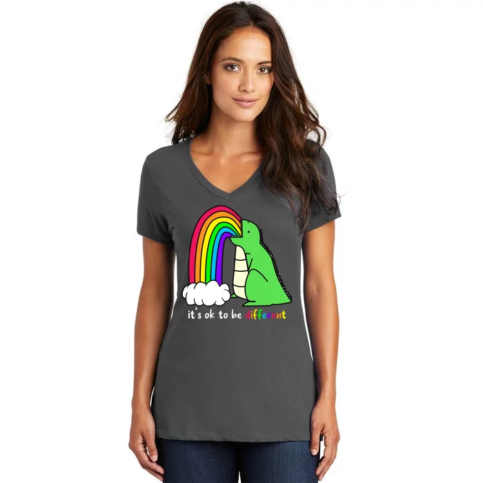 It's Ok To Be Different Autism Awareness Dinosaur Women's V-Neck T-Shirt