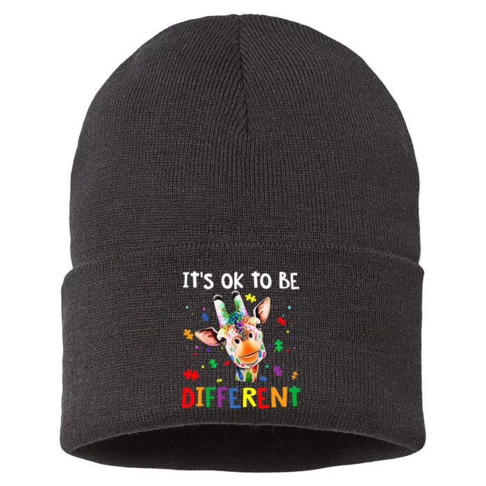 its ok to be different autism awareness giraffe Sustainable Knit Beanie