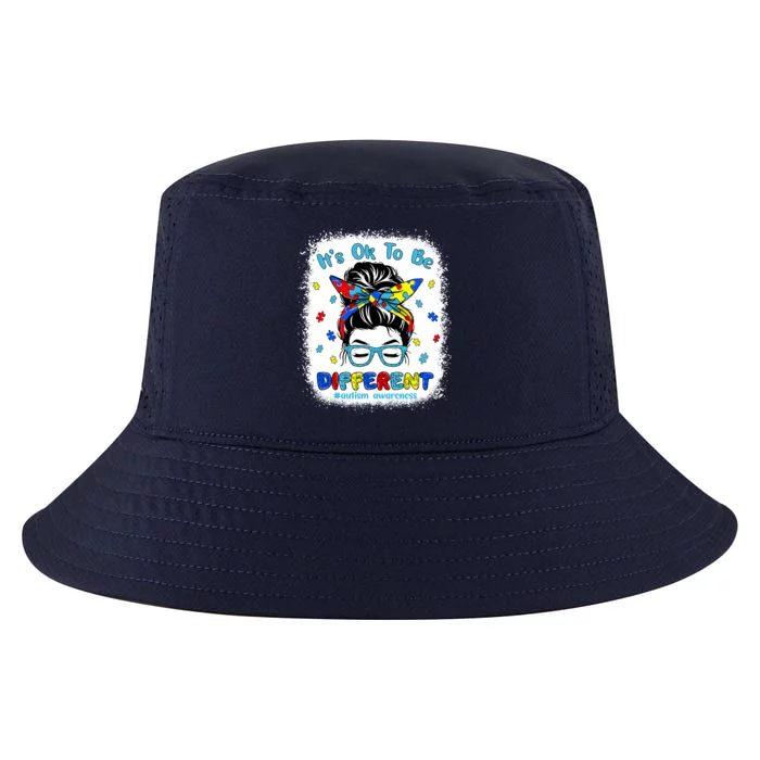 Its Ok To Be Different Messy Bun Autism Awareness Bleached Cool Comfort Performance Bucket Hat