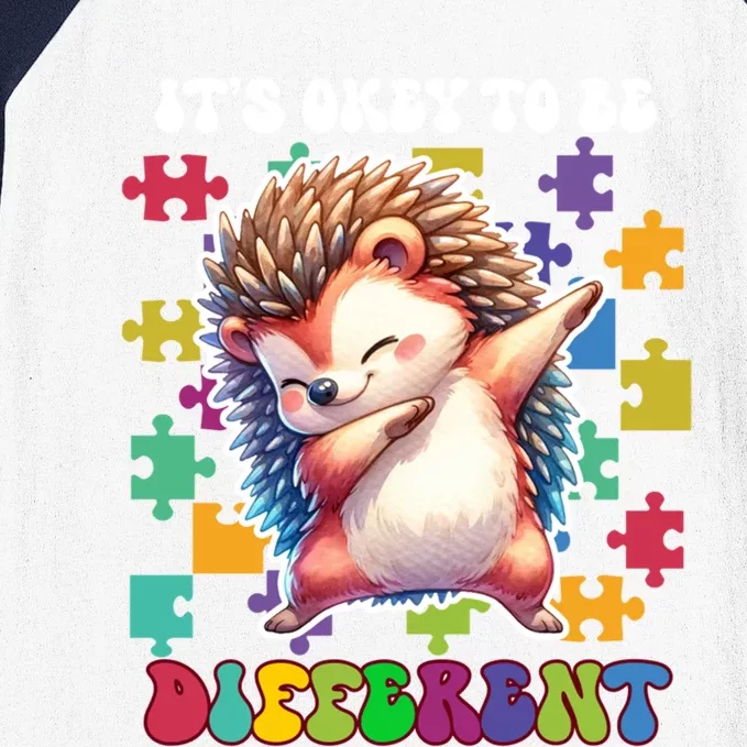 ItS Okey To Be Different Autism Awareness Dabbing Hedgehog Gift Baseball Sleeve Shirt