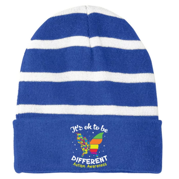 It's Ok To Be Different Butterfly Puzzle Autism Awareness Gift Striped Beanie with Solid Band