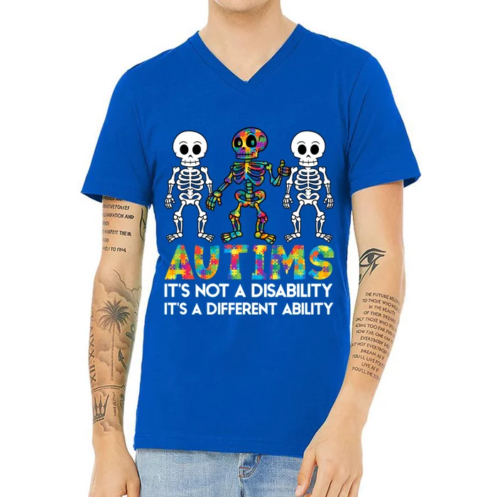 It's Ok To Be Different Skeleton Autism Awareness Funny Gift Cute Gift V-Neck T-Shirt