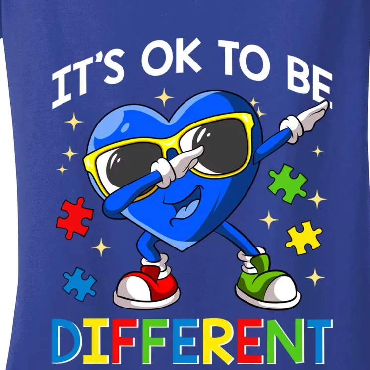 Its Ok To Be Different Autism Awareness Dabbing Blue Heart Funny Gift Women's V-Neck T-Shirt