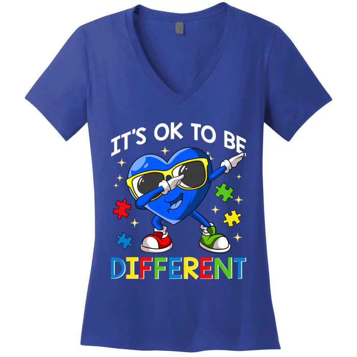 Its Ok To Be Different Autism Awareness Dabbing Blue Heart Funny Gift Women's V-Neck T-Shirt