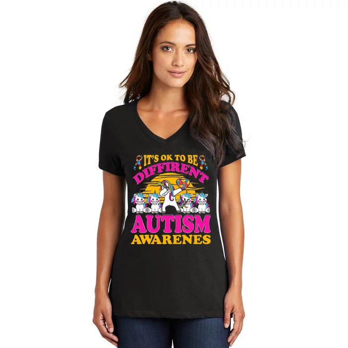 It's ok to be different Autism Awareness Unicorn Women's V-Neck T-Shirt