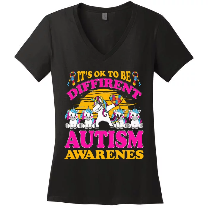 It's ok to be different Autism Awareness Unicorn Women's V-Neck T-Shirt