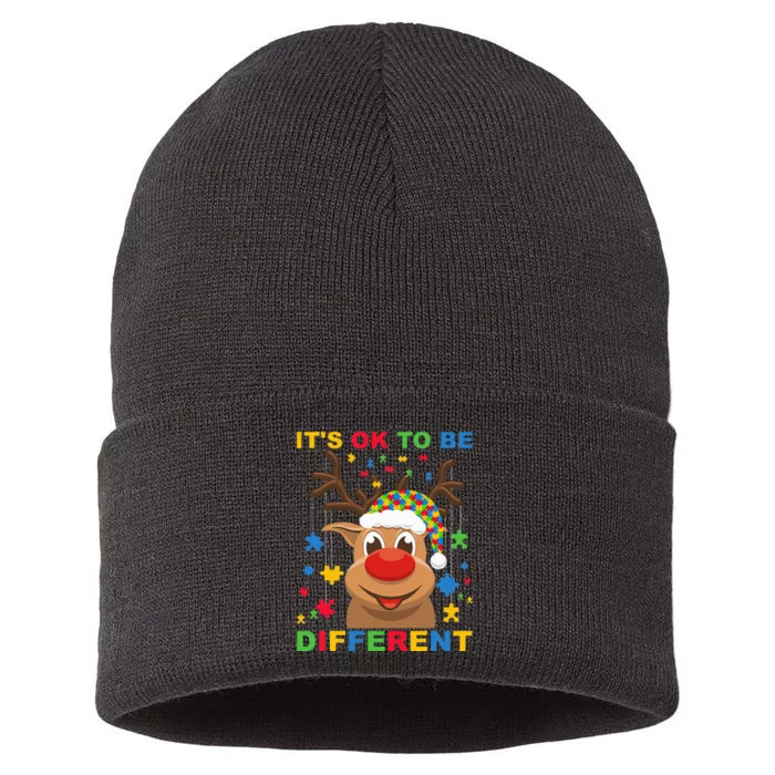 its ok to be different reindeer autism christmas Sustainable Knit Beanie