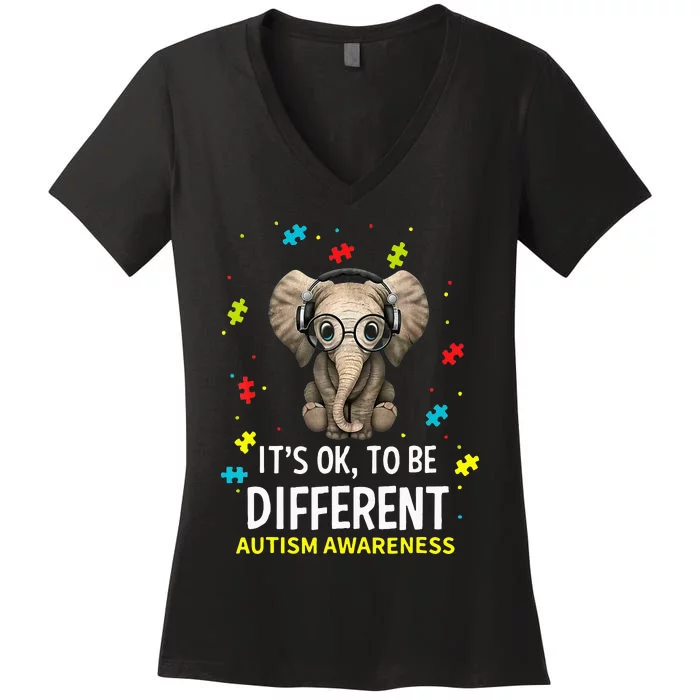 It's Ok To Be Different Elephant ASD Awareness Women's V-Neck T-Shirt