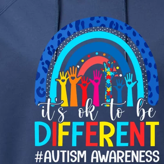 Its Ok To Be Different Autism Awareness Leopard Rainbow Performance Fleece Hoodie